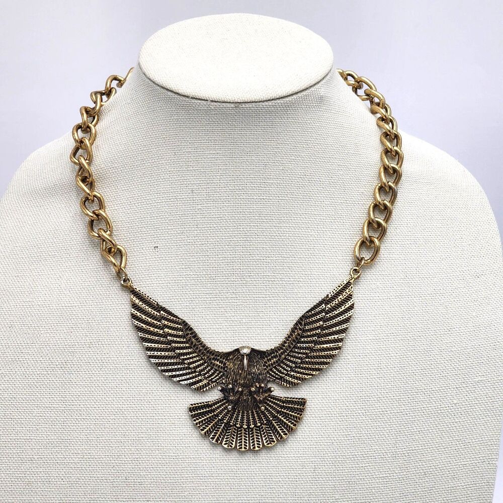 Vintage Edgy American Eagle Chunky Pendant Statement Necklace 18" Brass Chain